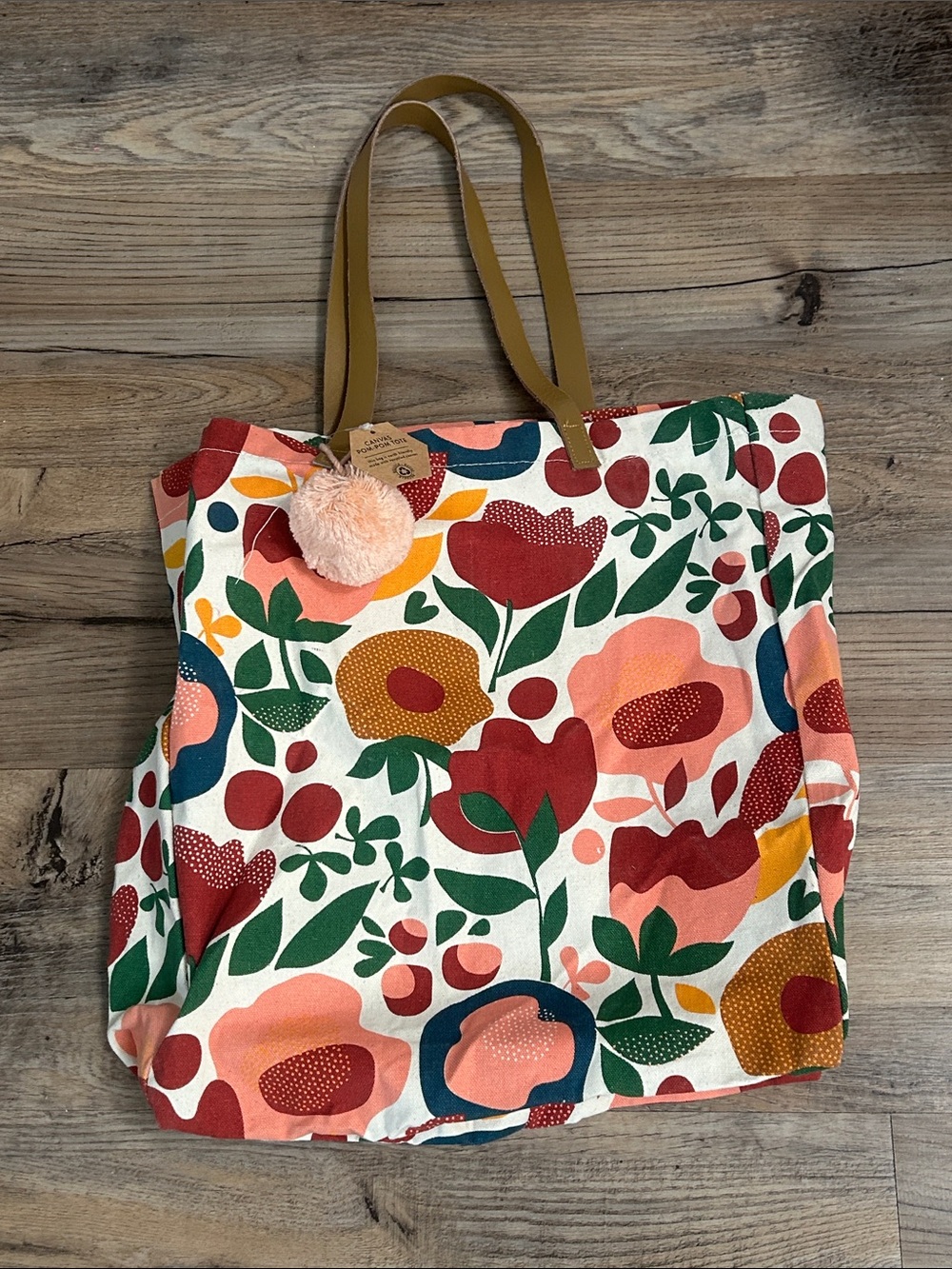 Floral Canvas Tote Bag with Pom Pom Accent - Multicolor